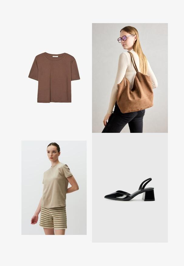 Brown short-sleeve t-shirt made of soft fabric, with a round neckline and relaxed fit. No visible patterns or accents.; Beige cotton t-shirt with short sleeves, paired with textured shorts featuring alternating stripes of cream and light brown.; Black patent leather slingback heels with a pointed toe and a geometric block heel. Features a sleek, minimal design and smooth texture.; Brown suede tote bag with soft texture, large opening, and long straps. Features a simple design with visible stitching and no hardware.