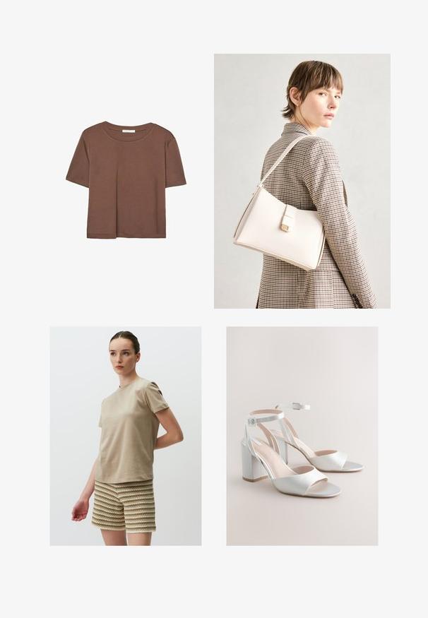 T-shirt marron à manches courtes en tissu doux, avec un col rond et une coupe décontractée. Aucun motif ni accent visible.; T-shirt en coton beige à manches courtes, associée à un short texturé avec des rayures alternées de crème et de marron clair.; Sandales blanches à talon carré ouvert à l'avant avec brides à la cheville et boucles argentées sur un fond beige neutre.; Sac à main en cuir blanc au design structuré, doté d'un fermoir magnétique et d'une bandoulière, présenté sur un fond neutre.