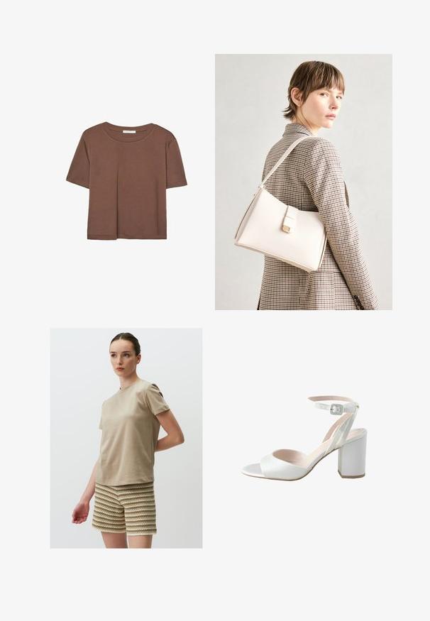 Brązowa koszulka z krótkim rękawem, wykonana z miękkiego materiału, z okrągłym dekoltem i luźnym krojem. Brak widocznych wzorów lub akcentów.; Beżowa bawełniana koszulka z krótkim rękawem, zestawiona z teksturowanymi szortami w naprzemienne paski w odcieniach kremowym i jasnobrązowym.; Białe sandały na wysokim obcasie z błyszczącą satynową cholewką, szerokim obcasem w postaci kwiatu i paskiem wokół kostki z małą klamrą. Gładka w fakturze, minimalistyczny design.; Biała skórzana torebka o strukturalnym wzorze, z magnetycznym zapięciem i paskiem na ramię, zaprezentowana na neutralnym tle.