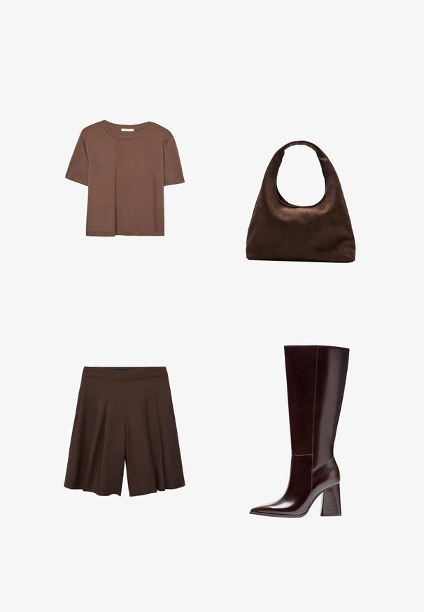 Brązowa koszulka z krótkim rękawem, wykonana z miękkiego materiału, z okrągłym dekoltem i luźnym krojem. Brak widocznych wzorów lub akcentów.; Brązowe szorty plisowane z wysokim stanem. Materiał wydaje się gładki i lekki, z głębokimi, czystymi fałdami, które nadają swobodny kształt.; Brązowy skórzany botek do kolan z ostro zakończonym noskiem i teksturowanym słupkowym obcasem. Charakteryzuje się prostymi liniami i minimalnymi detalami przeszyć.; Miękka, brązowa torebka w stylu hobo z jedną szeroką rączką i wyprofilowanym otwarciem, wyeksponowana na białym tle.