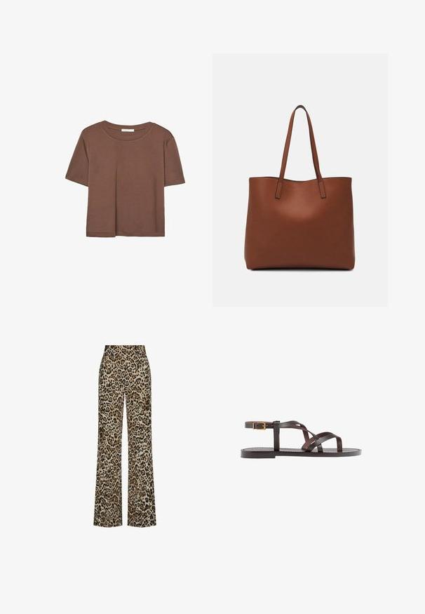 Rjava kratka majica s kratkimi rokavi iz mehkega materiala, s krožnim izrezom in ohlapnim krojem. Brez vidnih vzorcev ali dodatkov.; Hlače širokega kroja v leopardjem vzorcu v bež in rjavi barvi, z gladko teksturo, visokim pasom in dvema stranskima žepoma za praktičnost.; Rjav usnjen sandal z načinom prečnega črta, zaklepom okoli gležnja in ravnim podplatom z minimalnimi šivi.; Rjava usnjena torba z gladko teksturo, odprto zasnovo zgoraj in dvema naramnima trakovoma. Opremljena je z minimalnim šivanjem in brez vidnih kovinskih delov.