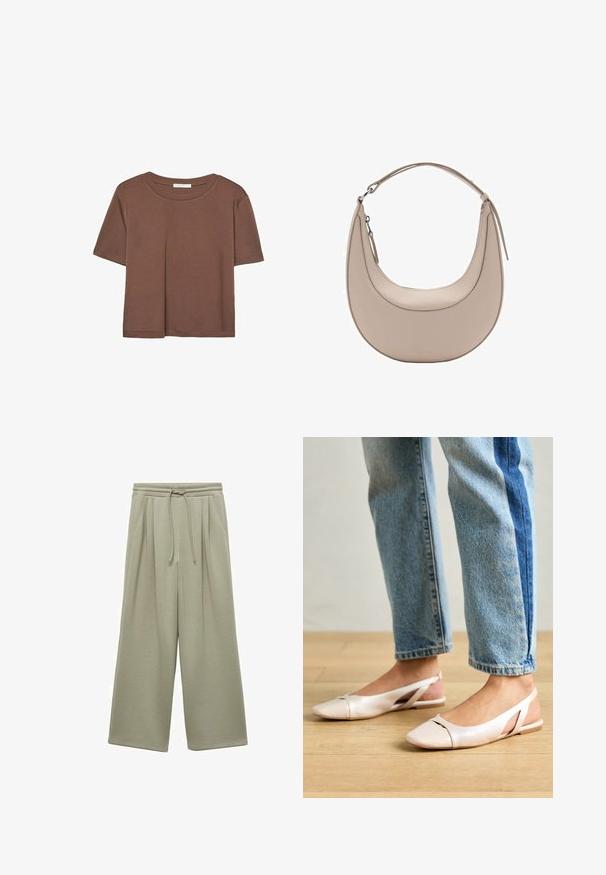 Braunes, kurzärmliges T-Shirt aus weichem Material mit rundem Halsausschnitt und lockerer Passform. Keine sichtbaren Muster oder Akzente.; Helle grüne, weit geschnittene Sweatpants aus weichem Stoff. Mit einem Kordelzugbund, Falten und einer lässigen Passform. Keine sichtbaren Taschen.; Blassrosa Slingback-Ballerinas mit spitzem Punkt, aus einem glatten, lederähnlichen Material. Mit Ausschnitten an den Seiten und einem flachen Absatz.; Beige Leder Schultertasche in Halbmondform, mit glatter Oberfläche und einem geschwungenen Henkel. Verfügt über einen Reißverschluss und saubere Nähte.