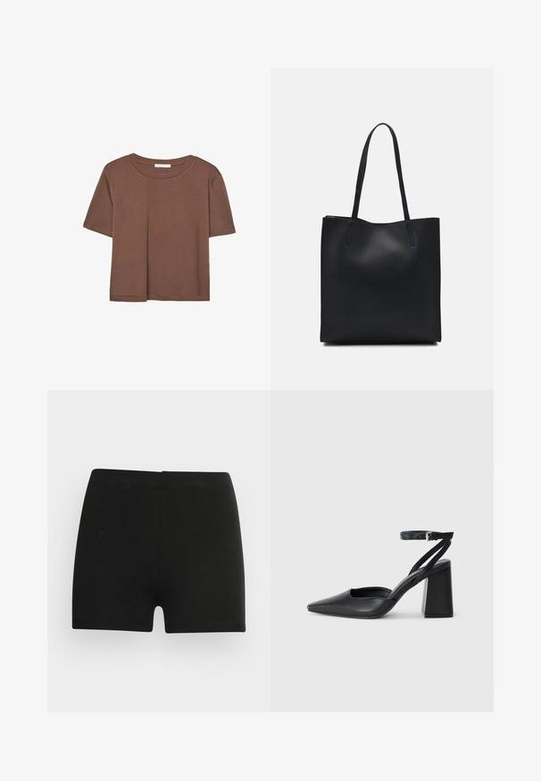 Kahvinsävyinen lyhythihainen t-paita, joka on valmistettu pehmeästä kankaasta. Pyöreä pääntie ja rento malli. Ei näkyviä kuvioita tai koristeita.; Musta puuvillahousut, joissa on tiukka malli ja joustava vyötärö. Sileä rakenne, reiden keskiväliin ulottuva pituus, eikä näkyviä kuvioita tai korostuksia.; Mustat nahkakengät, joissa on kapea kärki, nilkkaremmi ja paksu korko. Tasainen pinta, tyylikäs muotoilu ja minimalistinen estetiikka.; Mustapahkainen kangaskassi, jossa on sileä pinta, suorakaiteen muotoinen ja kaksi pitkää kahvaa. Ei näkyvää metalliosaa tai koristeita.