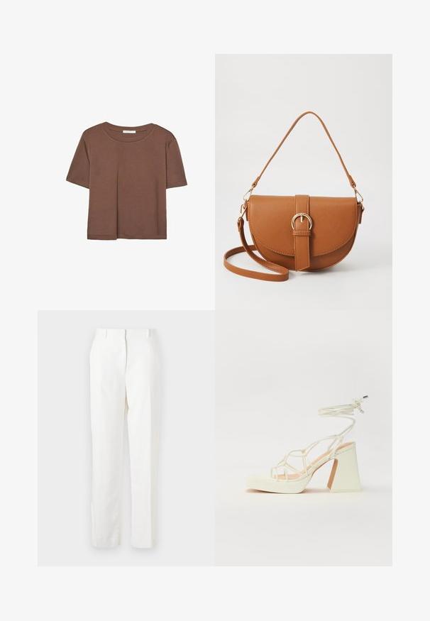 Hnědé tričko s krátkým rukávem vyrobené z měkké látky, s kulatým výstřihem a volným střihem. Bez viditelných vzorů nebo dekorací.; Bílé kalhoty rovného střihu vyrobené z lehkého materiálu s jemnou strukturou. Mají přední kapsy a jeden záhyb pro přidaný detail.; Bílé sandály na vysokém podpatku s robustním podpatkem, s designem s pásky a zavazováním kolem kotníku. Hladký povrch s platformou vpředu pro zvýšení výšky.; Hnědá kožená křížová taška s zakřiveným tvarem, zlatými detaily a akcentem s přezkou. Obsahuje odnímatelný popruh na rameno.