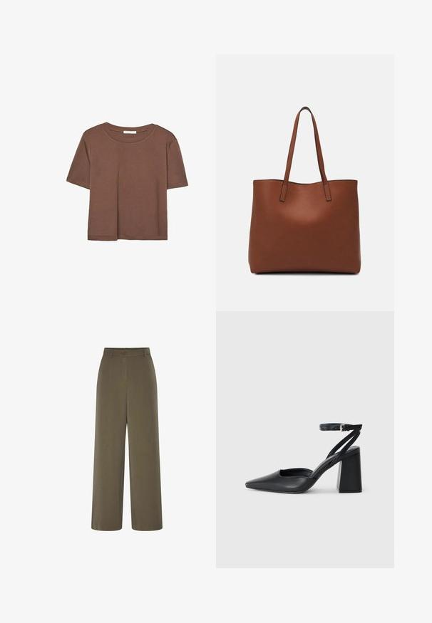Brązowa koszulka z krótkim rękawem, wykonana z miękkiego materiału, z okrągłym dekoltem i luźnym krojem. Brak widocznych wzorów lub akcentów.; Spodnie o szerokich nogawkach w oliwkowym kolorze, z zapięciem na guzik i gładką teksturą. Skrojony fason o minimalistycznej estetyce.; Czarne skórzane czółenka z ostrym noskiem, z paskiem na kostce i grubym obcasem. Gładka faktura, elegancki design i minimalistyczna estetyka.; Brązowa skórzana torba tote o gładkiej fakturze, z otwartym wierzchem i dwoma ramiączkami. Charakteryzuje się minimalnym przeszyciem i brakiem widocznych elementów metalowych.