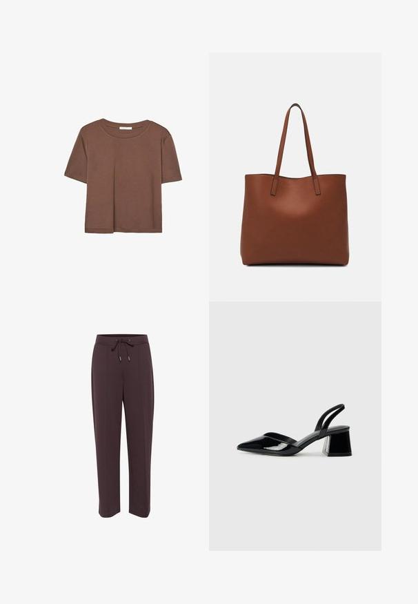 T-shirt marron à manches courtes en tissu doux, avec un col rond et une coupe décontractée. Aucun motif ni accent visible.; Pantalons de survêtement marron foncé avec taille à cordon, poches latérales et coupe décontractée. Tissu doux avec une texture lisse et design à jambe droite.; Escarpins en cuir verni noir avec bout pointu et talon bloc géométrique. Présente un design élégant et minimaliste ainsi qu'une texture lisse.; Sac fourre-tout en cuir marron avec une texture lisse, design à ouverture supérieure et deux poignées pour le porter à l'épaule. Présente des coutures minimales et aucun matériel visible.