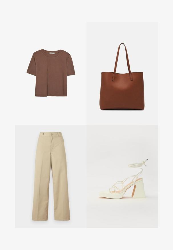 Hnědé tričko s krátkým rukávem vyrobené z měkké látky, s kulatým výstřihem a volným střihem. Bez viditelných vzorů nebo dekorací.; Béžové kalhoty s širokými nohavicemi vyrobené z bavlny, s knoflíkovým zapínáním, poutky na opasek a plochým předním dílem s minimálním zdobením.; Bílé sandály na vysokém podpatku s robustním podpatkem, s designem s pásky a zavazováním kolem kotníku. Hladký povrch s platformou vpředu pro zvýšení výšky.; Hnědá kožená taška přes rameno s hladkou texturou, otevřeným designem a dvěma ramenními popruhy. Obsahuje minimální švy a žádné viditelné kovové prvky.