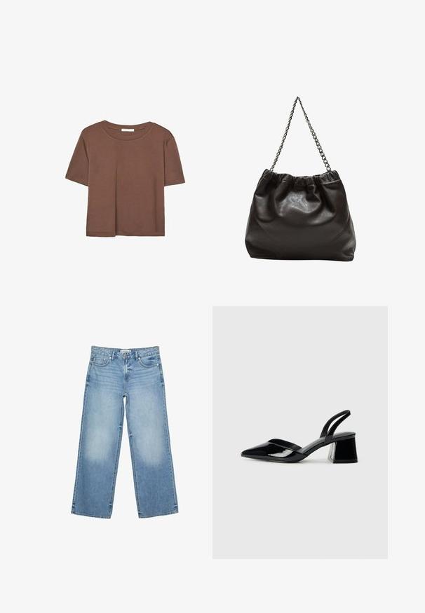 Brązowa koszulka z krótkim rękawem, wykonana z miękkiego materiału, z okrągłym dekoltem i luźnym krojem. Brak widocznych wzorów lub akcentów.; Jasnoniebieskie jeansy szerokie z denimu. Cechy to przednie kieszenie, zamek błyskawiczny oraz jasne przetarcia w okolicy ud.; Czarne lakierowane półbuty na obcasie z wydłużonym noskiem i geometrycznym słupkiem. Charakteryzują się eleganckim, minimalistycznym designem oraz gładką fakturą.; Brązowa skórzana torba z marszczonym szczytem i łańcuszkowym paskiem. Gładka tekstura z błyszczącym wykończeniem i subtelnymi detalami szwów po bokach.