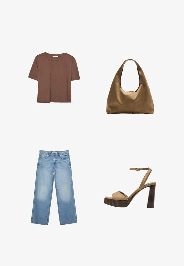Hnědé tričko s krátkým rukávem vyrobené z měkké látky, s kulatým výstřihem a volným střihem. Bez viditelných vzorů nebo dekorací.; Světle modré široké džíny vyrobené z denimu. Mezi jejich rysy patří přední kapsy, zip a světlejší vyblednutí podél stehen.; Bežové semišové sandály na vysokém podpatku s širokým předním páskem a páskem kolem kotníku, s masivním dřevěným blokovým podpatkem s texturovaným povrchem.; Hnědá textilní taška přes rameno s širokým, zaobleným tvarem a velkým výřezem na rukojeť. Měkká textura, minimalistický design a žádné viditelné kovové prvky.