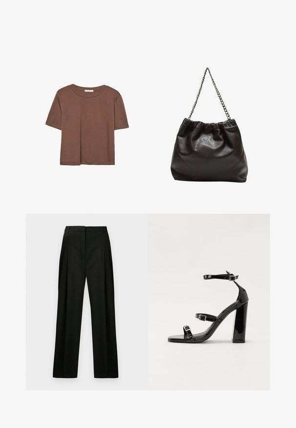 Maglietta a maniche corte marrone realizzata in tessuto morbido, con scollatura rotonda e vestibilità rilassata. Nessun motivo o dettaglio visibile.; Pantaloni neri a gamba larga con un tessuto testurizzato, caratterizzati da pieghe frontali e una vita pulita e sartoriale. Nessuna tasca visibile o decorazioni.; Sandali con tacco in vernice nera, con punta squadrata, cinturini alla caviglia e fibbie in argento. Presentano un tacco a blocco spesso per maggiore stabilità.; Borsa in pelle marrone con parte superiore arricciata e tracolla a catena. Texture liscia con finitura lucida e dettagli di cucitura sottili sui lati.