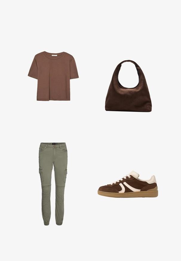 Smeđi kratki rukav majica od mekog materijala, s okruglim izrezom i opuštenim krojem. Nema vidljivih uzoraka ili naglasaka.; Maslinasto zelene cargo hlače od izdržljive mješavine pamuka s suženim manžetama, višestrukim džepovima i pregibima na koljenima za dodatnu pokretljivost.; Smeđe nubuk tenisice s krem akcentima, zaobljenim prstom, vezanjem sprijeda i teksturiranim gumenim potplatom. Logotip sa strane u kontrastnoj boji.; Meka mekana smeđa torba hobo stila s jednim širokim remenom i zakrivljenim otvaranjem na vrhu, prikazana na bijeloj pozadini.