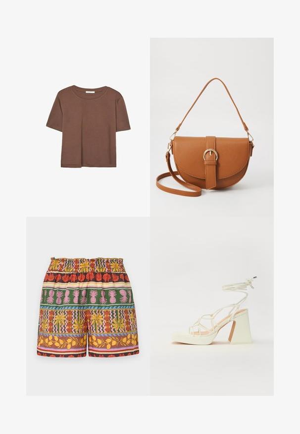 Korte mouwen T-shirt in bruin, gemaakt van een zachte stof, met een ronde halslijn en een relaxte pasvorm. Geen zichtbare patronen of accenten.; Multigekleurde shorts met een mix van felle kleuren zoals rood, geel, groen en roze, voorzien van een elastische tailleband en verschillende tropische motieven.; Witte hoge hakken sandaal met een chunky hak, met een bandjesontwerp en enkelband. Gladde textuur met een plateau voor extra hoogte.; Bruine leren schoudertas met een gebogen vorm, gouden hardware en een gespaccent. Bevat een afneembare schouderriem.