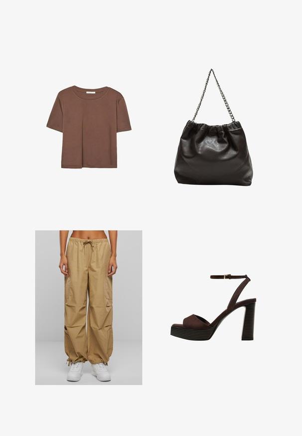 Braunes, kurzärmliges T-Shirt aus weichem Material mit rundem Halsausschnitt und lockerer Passform. Keine sichtbaren Muster oder Akzente.; Beige Cargo-Hosen mit elastischem Bund, Kordelzug und seitlichen Taschen. Sie haben geraffte Bündchen und sind aus leichtem, glattem Stoff.; Braune Wildleder-Pumps mit offenem Zeh, verstellbarem Knöchelriemen und gestreiftem Plateausohlen.; Braune Lederhandtasche mit gerafftem Oberteil und Kettenriemen. Glatte Textur mit glänzendem Finish und subtilen Nahtdetails an den Seiten.
