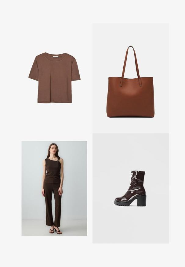 Braunes, kurzärmliges T-Shirt aus weichem Material mit rundem Halsausschnitt und lockerer Passform. Keine sichtbaren Muster oder Akzente.; Braun strukturiertes Zweiteiler-Outfit mit einem ärmellosen Oberteil mit asymmetrischem Ausschnitt und passenden enganliegenden Hosen, ergänzt durch Flip-Flops.; Glatte bordeauxrote Ankle Boots mit einem klobigen schwarzen Absatz, die eine glatte Oberfläche und ein einfaches Design aufweisen. Keine sichtbaren Verschlüsse oder Muster.; Braune Leder-Tote mit glatter Textur, offenem Oberteil und zwei Schulterriemen. Verfügt über minimale Nähte und keine sichtbaren Beschläge.
