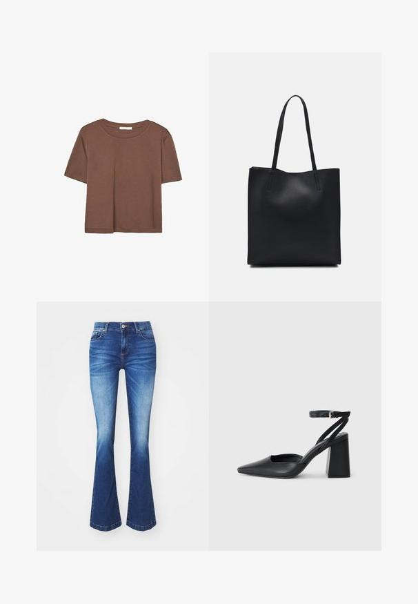 Brązowa koszulka z krótkim rękawem, wykonana z miękkiego materiału, z okrągłym dekoltem i luźnym krojem. Brak widocznych wzorów lub akcentów.; Niebieskie dżinsy w stylu dzwonów z gradientem od jasnego do ciemnego. Posiadają kieszenie z przodu, zamek błyskawiczny oraz metalowy guzik.; Czarne skórzane czółenka z ostrym noskiem, z paskiem na kostce i grubym obcasem. Gładka faktura, elegancki design i minimalistyczna estetyka.; Czarna skórzana torba tote o gładkiej fakturze, prostokątnym kształcie i dwóch długich uchwytach. Brak widocznych elementów metalowych i ozdób.