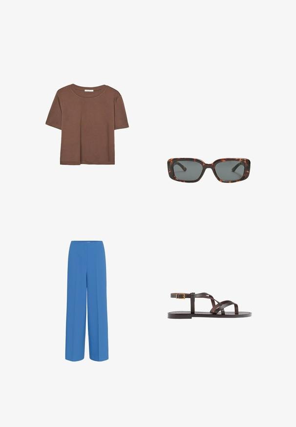 Brun kortärmad t-shirt i mjukt tyg, med rund halsringning och avslappnad passform. Inga synliga mönster eller detaljer.; Blå vida byxor i slät tyg, med en framfals och platt midjeband utan synliga knäppningar.; Bruna lädersandaler med korsade remmar, spänne runt vristen och en platt sula med minimala sömnadsdetaljer.; Sköldpaddsmönstrade solglasögon med rektangulära linser, tjocka bågar och mörkt tonade linser. Slät yta och minimalistisk design.