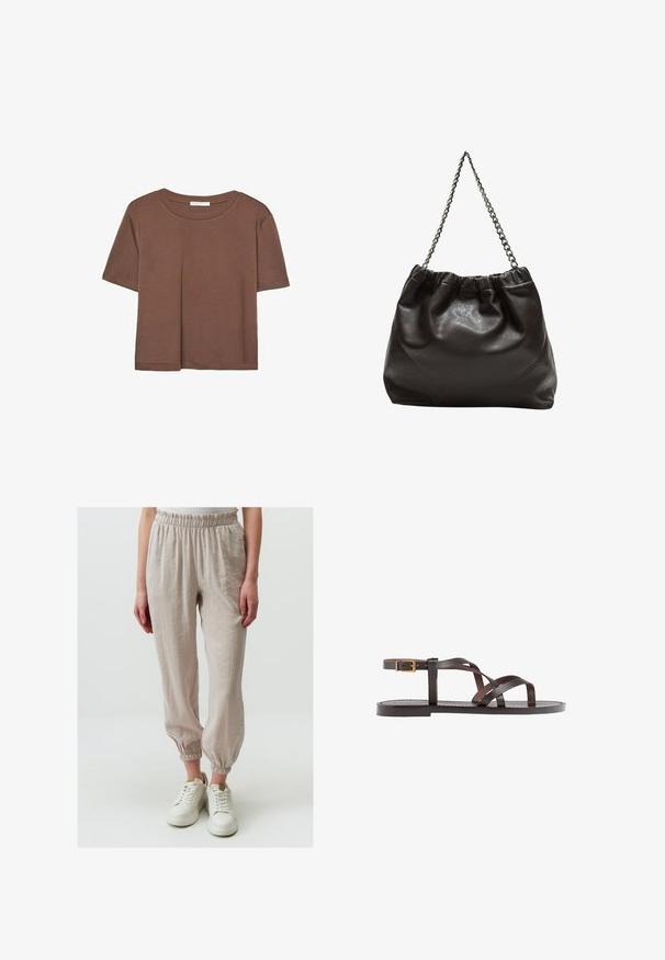 Korte mouwen T-shirt in bruin, gemaakt van een zachte stof, met een ronde halslijn en een relaxte pasvorm. Geen zichtbare patronen of accenten.; Lichtbeige broek met een elastische tailleband en gathered enkels, gemaakt van een gestructureerde stof, gecombineerd met witte sneakers.; Bruine leren sandaal met kruisingen van banden, een enkelgesp-sluiting en een platte zool met minimale stikdetails.; Bruine leren tas met een geplooide bovenkant en een kettinghengsel. Glad textuur met een glanzende afwerking en subtiele naaddetails aan de zijkanten.