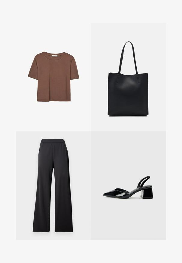 Brun kortærmet t-shirt lavet af blødt stof, med rund halsudskæring og afslappet pasform. Ingen synlige mønstre eller detaljer.; Sorte brede bukser med høj talje og dekorative knapper på siderne, præsenteret fladt mod en ensfarvet baggrund.; Sorte patentlæder slingback hæle med spids tå og en geometrisk blok hæl. Har et elegant, minimalistisk design og en glat tekstur.; Sort læder tote taske med glat tekstur, rektangulær form og to lange hanke. Ingen synlig hardware eller udsmykninger.
