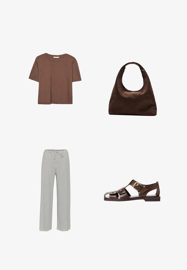Smeđi kratki rukav majica od mekog materijala, s okruglim izrezom i opuštenim krojem. Nema vidljivih uzoraka ili naglasaka.; Prugaste hlače širokih nogavica crno-bijele boje. Izrađene od mekog materijala s elastičnim pojasom i vezicom za prilagodbu.; Smeđe kožne sandale s izrezbarenim dizajnom, podesivim bočnim kopčanjem i ravnim potplatom, s metalnim detaljima i otvorenim prstima.; Meka mekana smeđa torba hobo stila s jednim širokim remenom i zakrivljenim otvaranjem na vrhu, prikazana na bijeloj pozadini.