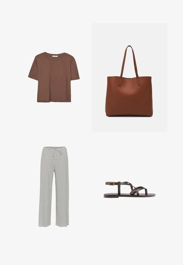 Maglietta a maniche corte marrone realizzata in tessuto morbido, con scollatura rotonda e vestibilità rilassata. Nessun motivo o dettaglio visibile.; Pantaloni larghi a righe in bianco e nero. Realizzati in tessuto morbido con vita elasticizzata e cordoncino per una vestibilità regolabile.; Sandal in pelle marrone con cinturini incrociati, chiusura con cinturino alla caviglia e suola piatta con dettagli di cucitura minimi.; Borsa tote in pelle marrone con texture liscia, design con apertura superiore e due spallacci. Presenta cuciture minime e nessun hardware visibile.