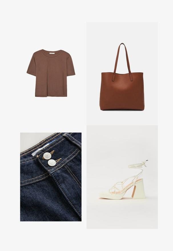 Maglietta a maniche corte marrone realizzata in tessuto morbido, con scollatura rotonda e vestibilità rilassata. Nessun motivo o dettaglio visibile.; Jeans in denim blu scuro presentano una vista ravvicinata della vita con due bottoni metallici, cuciture dorate a contrasto e una superficie in tessuto strutturata.; Sandalo bianco con tacco alto, caratterizzato da un design a cinturini e un legaccio alla caviglia. Texture liscia con una piattaforma frontale per un'altezza aggiuntiva.; Borsa tote in pelle marrone con texture liscia, design con apertura superiore e due spallacci. Presenta cuciture minime e nessun hardware visibile.