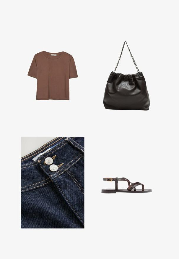 Maglietta a maniche corte marrone realizzata in tessuto morbido, con scollatura rotonda e vestibilità rilassata. Nessun motivo o dettaglio visibile.; Jeans in denim blu scuro presentano una vista ravvicinata della vita con due bottoni metallici, cuciture dorate a contrasto e una superficie in tessuto strutturata.; Sandal in pelle marrone con cinturini incrociati, chiusura con cinturino alla caviglia e suola piatta con dettagli di cucitura minimi.; Borsa in pelle marrone con parte superiore arricciata e tracolla a catena. Texture liscia con finitura lucida e dettagli di cucitura sottili sui lati.