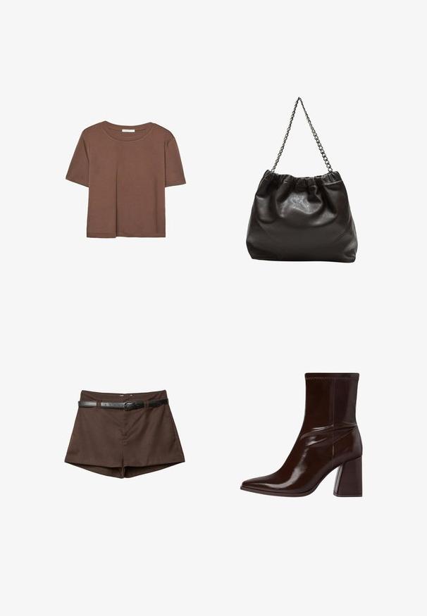 Brun kortærmet t-shirt lavet af blødt stof, med rund halsudskæring og afslappet pasform. Ingen synlige mønstre eller detaljer.; Brune skræddersyede shorts med et slankt sort bælte trængt gennem bæltesløjfer, præsenteret på en hvid baggrund.; Brun patentlæder ankelstøvle med spids tå, elastisk ankel og en chunky blokhæl. Slankt design med glat tekstur.; Brun lædertaske med en rynket top og en kædestrop. Glat tekstur med en blank finish og subtile sømdetaljer på siderne.
