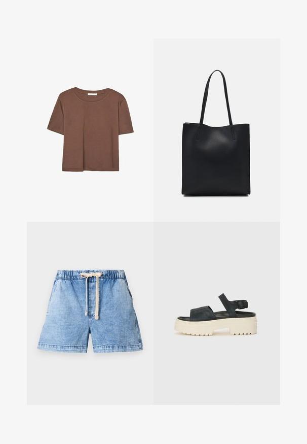 Brun kortærmet t-shirt lavet af blødt stof, med rund halsudskæring og afslappet pasform. Ingen synlige mønstre eller detaljer.; Lys blå denimshorts med elastisk talje og snørredetalje. Har to sidelommer og en lige snitkant.; Sorte ruskinds platform sandaler med en kraftig hvid sål, bred frontrem og justerbar ankelrem. Tekstureret ydersål for godt greb.; Sort læder tote taske med glat tekstur, rektangulær form og to lange hanke. Ingen synlig hardware eller udsmykninger.