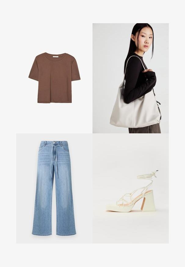 Brun kortærmet t-shirt lavet af blødt stof, med rund halsudskæring og afslappet pasform. Ingen synlige mønstre eller detaljer.; Lyseblå jeans med vide ben, der har en bundet linning, forlommer og et klassisk design med fem lommer med diskret falmning.; Hvide højhælede sandaler med en kraftig hæl, der har et stropdesign og ankelbinding. Glat tekstur med en platform foran for ekstra højde.; Beige håndtaske lavet af blødt materiale med et slouchy design, stikninger og to skulderremme. Velegnet til daglig brug.