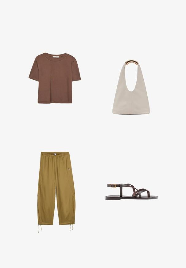 Brun kortærmet t-shirt lavet af blødt stof, med rund halsudskæring og afslappet pasform. Ingen synlige mønstre eller detaljer.; Lettere, løstsiddende bukser lavet af khaki stof. Har en elastisk talje, sidelommer og snøre i nederste kant. Lille logoaccent.; Brune lædersandal med krydsende stropper, ankelspænde og en flad sål med minimale syninger.; Lysegrå lædertaske med et U-formet design og et buet metallisk håndtag. Glat tekstur med minimal syning og ingen synlige mønstre.