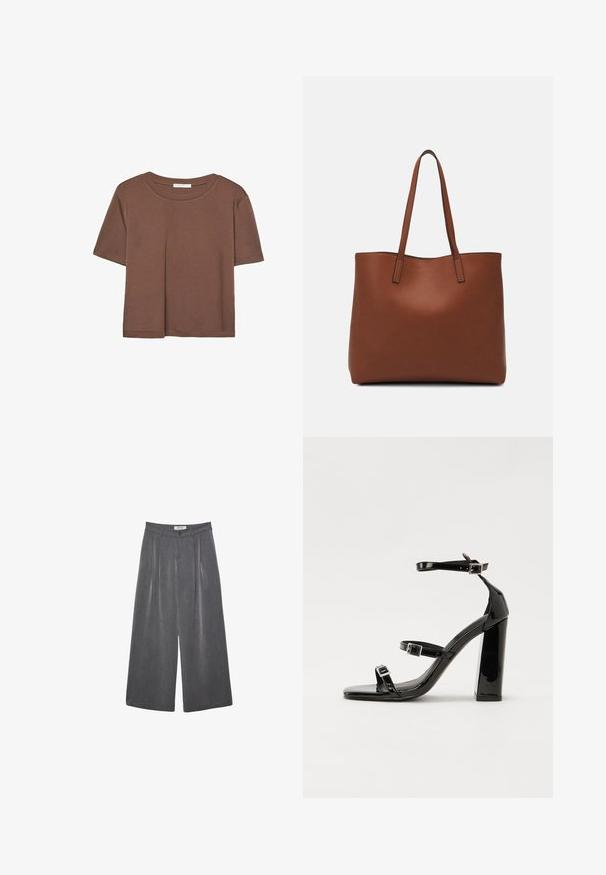 Brun kortärmad t-shirt i mjukt tyg, med rund halsringning och avslappnad passform. Inga synliga mönster eller detaljer.; Fållade vida byxor i en mörkgrå tyg med en subtil textur. Har en knappstängning och en klassisk midje-design.; Svarta lackerade klacksandaler med fyrkantig tå, ankelremmar och silverfärgade spännen. Har en kraftig blockklack för stabilitet.; Brun läder tote-väska med en slät textur, öppen toppdesign och två axelremmar. Har minimal söm och ingen synlig metalldetalj.