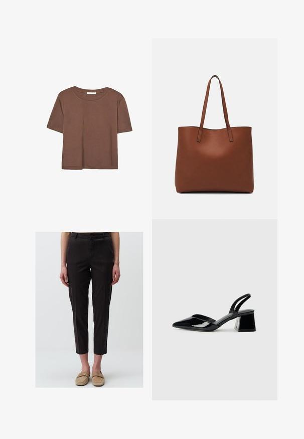 T-shirt marron à manches courtes en tissu doux, avec un col rond et une coupe décontractée. Aucun motif ni accent visible.; Pantalons à taille mi-haute de couleur marron foncé, en mélange de coton, présentant une coupe slim et des poches avant, avec une texture lisse. Longueur crop au-dessus de la cheville.; Escarpins en cuir verni noir avec bout pointu et talon bloc géométrique. Présente un design élégant et minimaliste ainsi qu'une texture lisse.; Sac fourre-tout en cuir marron avec une texture lisse, design à ouverture supérieure et deux poignées pour le porter à l'épaule. Présente des coutures minimales et aucun matériel visible.