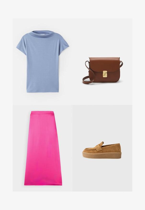 Šviesiai mėlynas trumpomis rankovėmis pasidarytas viršus, pagamintas iš minkštos medžiagos. Turi apvalų kaklo iškirpimą ir laisvą siluetą, su švariais kraštais ir be raštų.; Fuksijos A formos midi sijonas, pagamintas iš lygaus audinio, turi aukštą liemens juostą ir tvarkias briaunas. Lengvas ir be siūlių dizainas.; Rudos suedinės loafer tipo bateliai su apvaliu pirštu, turintys raukšlėtą platformos padą ir dekoratyvinę juostą per viršutinę dalį.; Ruda odinė rankinė su uždaromu dangteliu, aukso spalvos detalėmis, petneša ir lygiu paviršiumi. Kompaktiška stačiakampio formos.