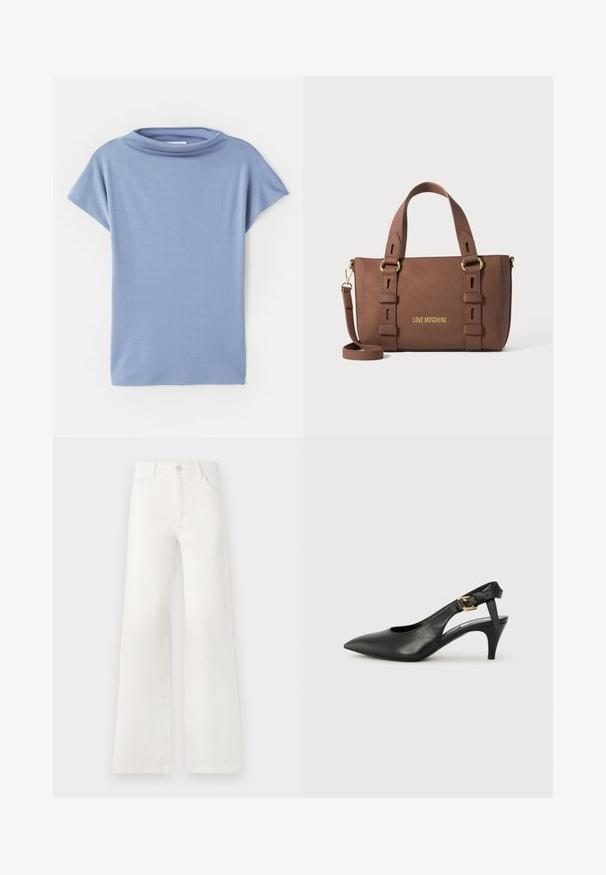 Světle modrý tričko s krátkým rukávem vyrobené z měkké látky. Má design s kulatým výstřihem a volný střih, s čistými lemy a bez vzorů.; Bílé džíny s vysokým pasem a širokými nohavicemi vyrobené z denimové látky. Mají zapínání na knoflík, dvě přední kapsy a boční švy se švy.; Černé kožené lodičky se slingback, špičatou špičkou, malým podpatkem a detailem s přezkou na pásku kolem kotníku. Hladká textura, minimalistický design.; Hnědá kabelka Love Moschino s dvojitými uchy, nastavitelným ramenním popruhem a zlatým kováním na jednobarevném pozadí.