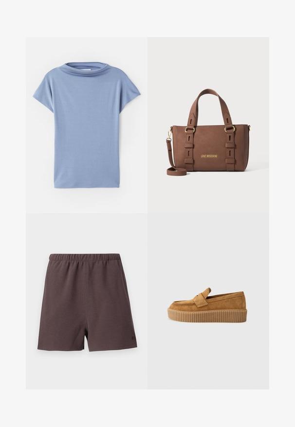 Heledsinine lühikeste varrukatega topp, mis on valmistatud pehmest kangast. Omab ümara kaelusega disaini ja lahtist lõike, puhaste äärtega ja ilma mustriteta.; Tumedat pruunid lühikesed püksid, mis on valmistatud tekstureeritud, kootud kangast. Omavad elastset vöökohta ja väikest logot paremal allservas.; Pruun nubukloafer ümmarguse varbaga, ribadega platvormi tallaga ja dekoratiivse rihmaga ülevalt.; Pruun Love Moschino käsitasku kahe käepidemega, reguleeritava õlavarre rihmaga ja kuldse tooni riistvaraga üheltoonil taustal.