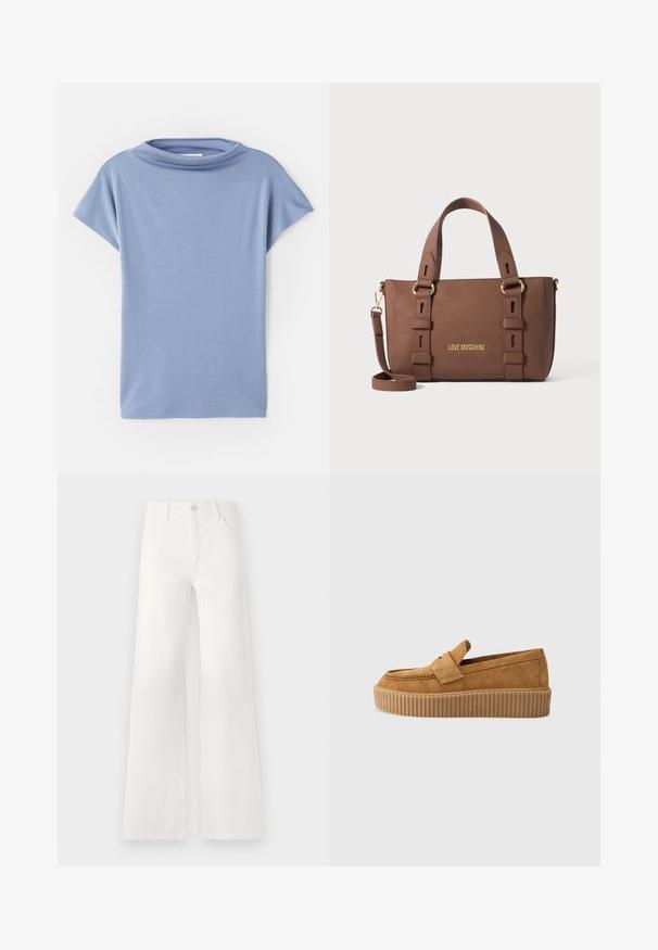 Light blue short-sleeve top made from soft fabric. Features a scoop neck design and a loose fit, with clean hems and no patterns.; White, high-waisted wide-leg jeans made of denim. Features a button closure, two front pockets, and side seams with stitching details.; Brown suede loafer with a round toe, featuring a ribbed platform sole and a decorative strap across the upper.; Brown Love Moschino handbag with double handles, adjustable shoulder strap, and gold-tone hardware on a plain background.