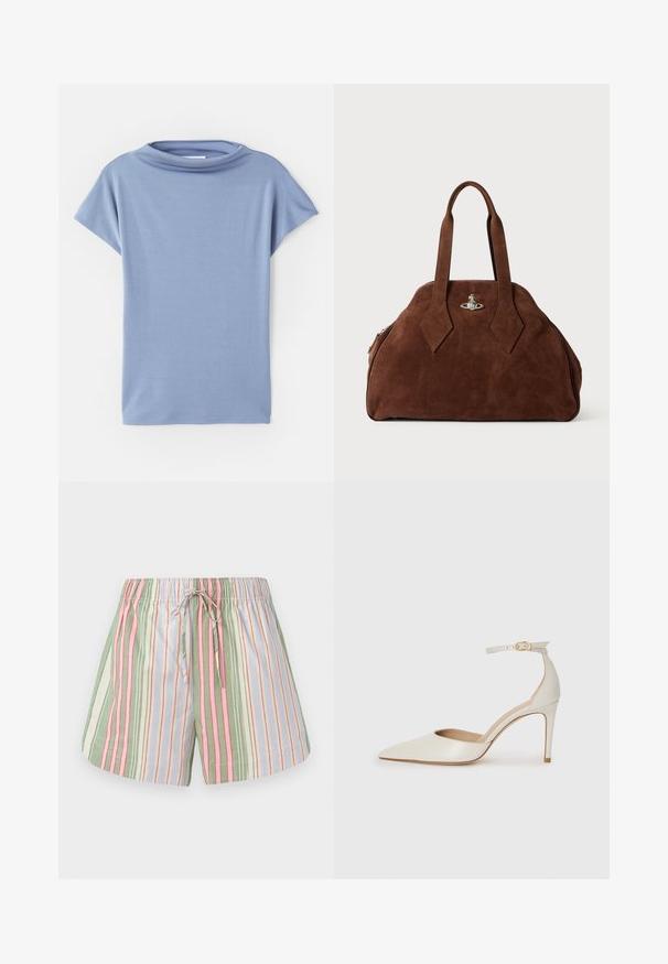 Top de manga curta azul claro feito de tecido macio. Apresenta um decote em forma de coração e um corte solto, com bainhas limpas e sem padrões.; Calções de algodão às riscas com cintura elástica. Apresentam riscas verticais em verde, rosa, roxo e creme. Têxtil macio, ajuste relaxado.; Sapato de salto alto em pele branca com biqueira pontiaguda, faixa no tornozelo e um salto fino de stiletto. Textura suave com um leve acabamento brilhante.; Carteira de camurça castanha com uma forma estruturada, corpo arredondado e alças alongadas em forma de diamante. Apresenta um fecho em metal prateado.