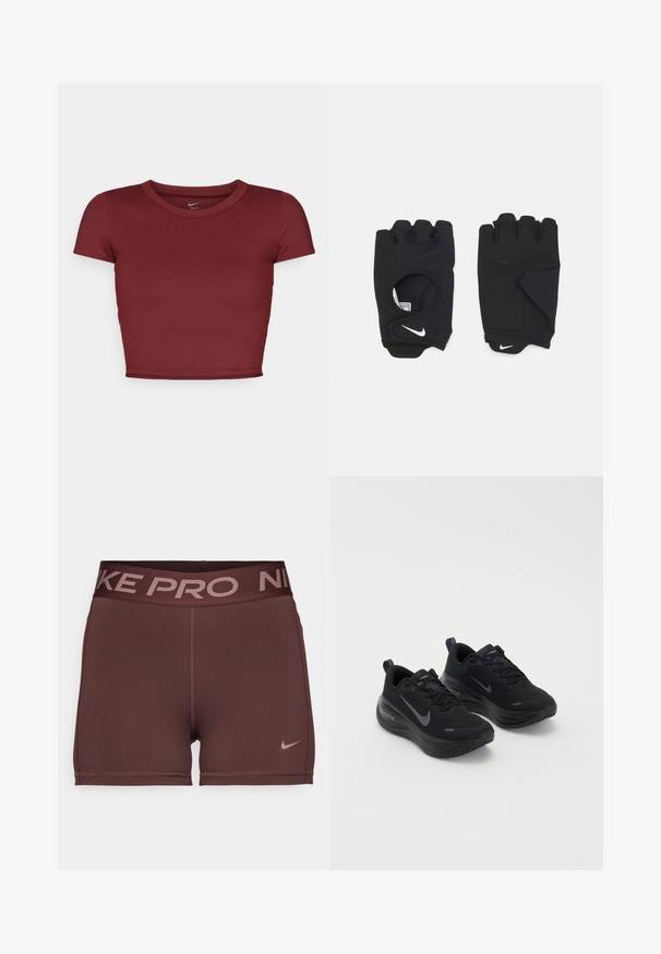 Burgundské, krátké rukávy, crop top vyrobený z hladkého materiálu s kulatým výstřihem. Minimalistický design, žádné viditelné logo nebo vzory.; Burgundské sportovní šortky s širokým tmavým pasem, na kterém je nápis "NIKE PRO". Hladký materiál s malým růžovým logem Nike na boku.; Černé sportovní boty s texturovaným svrškem, šněrovacím designem a silnou, měkkou podrážkou. Na každé straně se nachází šedé logo Nike.; Černé bezprsté rukavice vyrobené z elastického materiálu, s otevřenou dlaní, protiskluzovými detaily a bílým logem Nike.