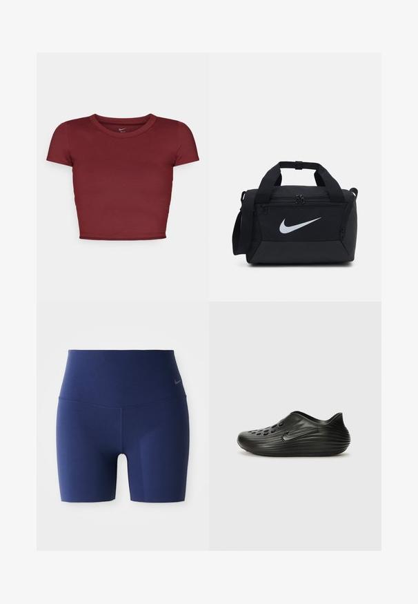 Burgundské, krátké rukávy, crop top vyrobený z hladkého materiálu s kulatým výstřihem. Minimalistický design, žádné viditelné logo nebo vzory.; Tmavě modré sportovní šortky s vysokým pasem vyrobené z elastického materiálu. Mají bezešvý design a malou šedou logo na pase.; Černé nazouvací dřeváky vyrobené z hladkého plastu s žebrovaným vzorem, perforovanými otvory na svršku a decentním bočním logem.; Černá sportovní taška z hladké tkaniny, se dvěma zipovými přihrádkami, polstrovanými rukojeťmi a velkým bílým logem Nike na přední straně.