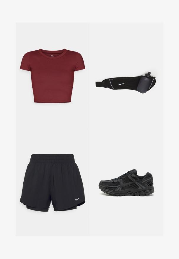 Bordo kratki crop top s kratkim rukavima napravljen od glatkog materijala s okruglim izrezom. Minimalistički dizajn, bez vidljivih logotipa ili uzoraka.; Crne sportske kratke hlače s naboranom elastičnom trakom u struku, podstavljene, s bijelim Nike logom na donjoj lijevoj strani. Glatka, lagana tkanina.; Crne atletske cipele s gornjištem od mrežice, gumenim potplatom i teksturiranim detaljima. Dizajn uključuje izražen sustav vezivanja i podstavljen potplat.; Crna torba za bocu vode s remenom koji se može prilagoditi, sa bijelim Nike logotipom, sivim držačem za bocu vode i bijelim detaljima od konca.