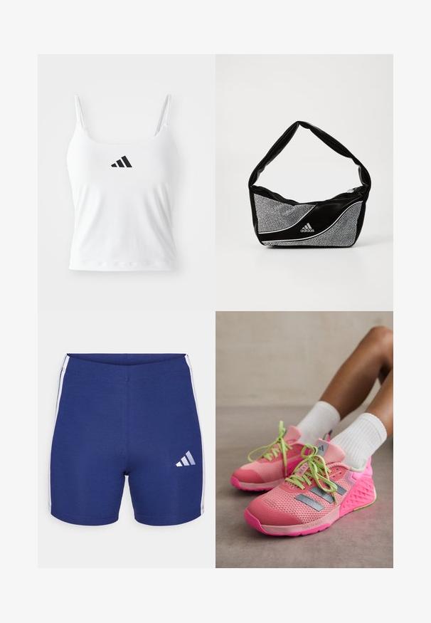 Hvit tanktopp med tynne stropper, med en svart adidas-logo på forsiden. Stoffet har en jevn tekstur og en tettsittende silhuett.; Marine atletisk shorts laget av elastisk stoff med hvite sidelommer og et reflekterende Adidas-logo på venstre ben.; adidas Performance DROPSET 3 - Treningssko - semi pink spark/iron metallic/silver dawn; Svart og sølv adidas håndveske med en glatt tekstur, som har et skinnende nagle-mønster og en distinkt buet design.