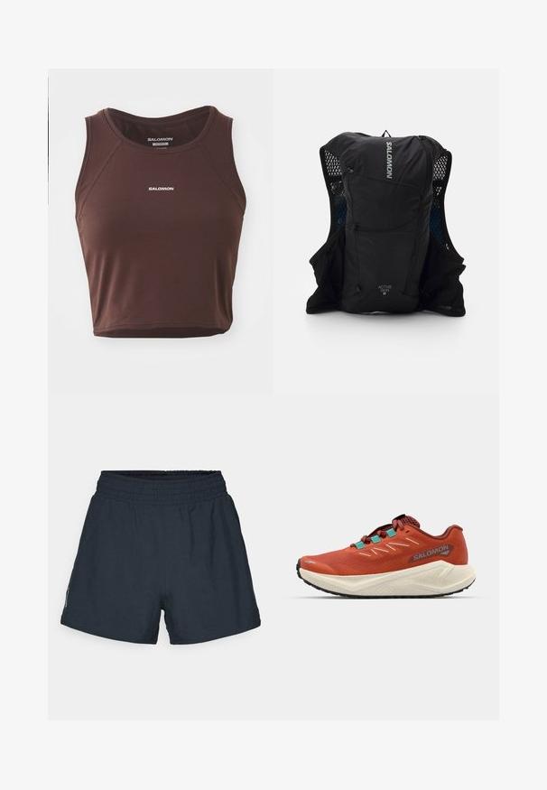 Rudas bevardis tankas be rankovių, pagamintas iš lygaus audinio, su apvaliu kaklu ir siuvinėtomis detalėmis. "SALOMON" logotipas balta spalva priekyje.; Tamsiai mėlyni sportiniai šortai, pagaminti iš lengvos medžiagos. Elastinga juosmens juosta, laisvas pjaustymas ir nematomi kišenės ar raštai.; Raudona bėgimo avalynė su tekstūruota viršutine dalimi, tinklinėmis panelėmis ir turkio akcentais. Yra pagalvota balta vidurinė sole ir juoda guma.; Juodas bėgimo liemenė su tinklinėmis šoninėmis kišenėmis, atspindinčiais akcentais ir priekiniais užtrauktukais. Lengvas audinys, sukurtas patogumui ir oro pralaidumui.