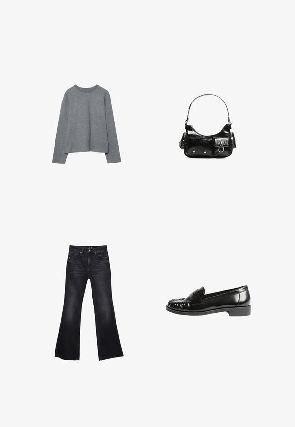 Šedý zkrácený svetr vyrobený z měkké pleteniny, s žebrovaným kulatým výstřihem a dlouhými rukávy, volného střihu a minimálními detaily.; Černé rozšířené džíny vyrobené z denimu s jemně vybledlou texturou. Mají přední kapsy, zipový rozkrok a viditelné švy.; Černé kožené mokasíny s lesklým povrchem, zaoblenou špičkou, šitými detaily a nízkým blokovým podpatkem. Hladká textura a klasický design.; Černá lakovaná kožená kabelka s křivkovým tvarem, jedním ramenním popruhem, předními kapsami a stříbrnými kovovými detaily.