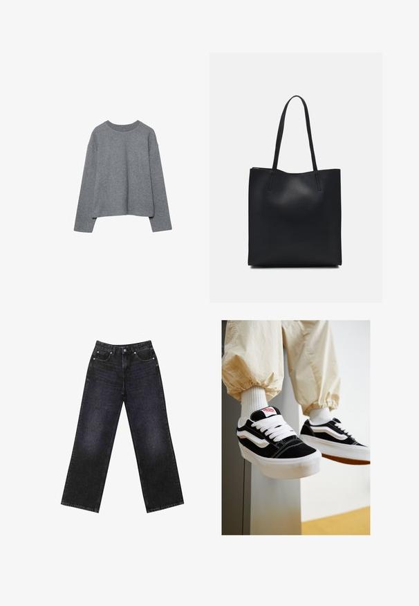Pull gris court en tissu tricoté doux, avec un col rond en côtes et des manches longues, ayant une coupe décontractée et un minimum de détails.; Jean en denim noir taille haute avec une coupe large, design à cinq poches et coutures visibles. Le tissu a une finition lisse, légèrement texturée.; Baskets en suède noir et blanc avec des lacets plats blancs, des semelles en caoutchouc texturé et un design de bande latérale. Portées avec un pantalon tapered couleur crème.; Sac fourre-tout en cuir noir avec une texture lisse, de forme rectangulaire et deux longues poignées. Pas de matériel ou d'ornementations visibles.