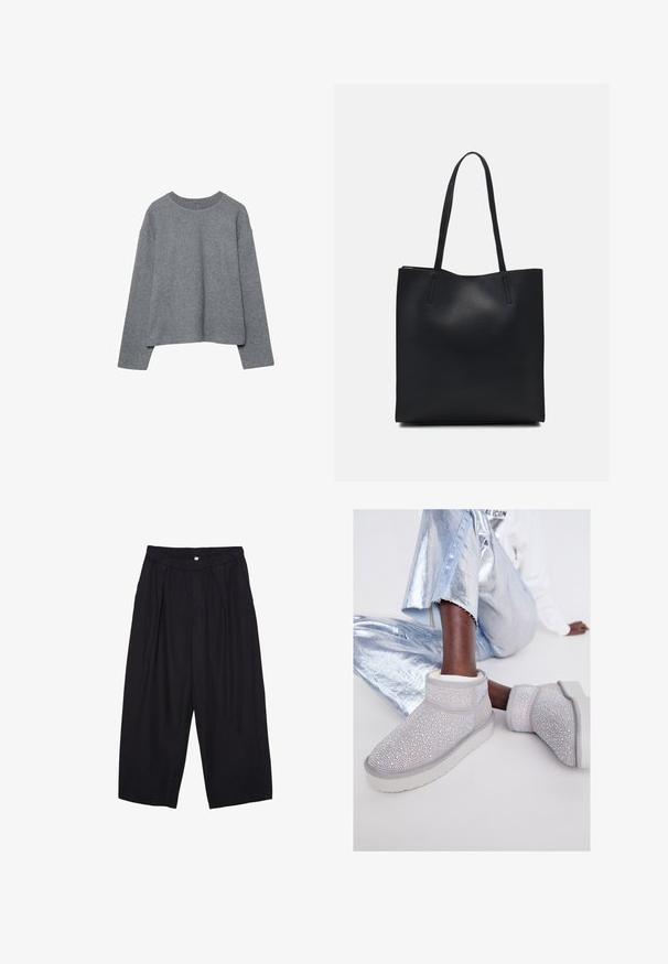 Grau geschnittenen Pullover aus weichem Strickstoff, mit einem gerippten Rundhalsausschnitt und langen Ärmeln, in lockerer Passform und minimaler Detailgestaltung.; Schwarze Polyester-Culotte mit einem elastischen Bund, zwei vorderen Falten und einer lockeren Silhouette. Keine sichtbaren Muster oder Hardware-Details.; Graue Wildleder-Ankle-Boots, verziert mit zahlreichen glänzenden Strasssteinen, mit einer weißen Sohle und weichem Innenfutter, kombiniert mit metallisch silbernen Hosen.; Schwarze Laptoptasche aus Leder mit glatter Textur, rechteckiger Form und zwei langen Griffen. Keine sichtbaren Beschläge oder Verzierungen.