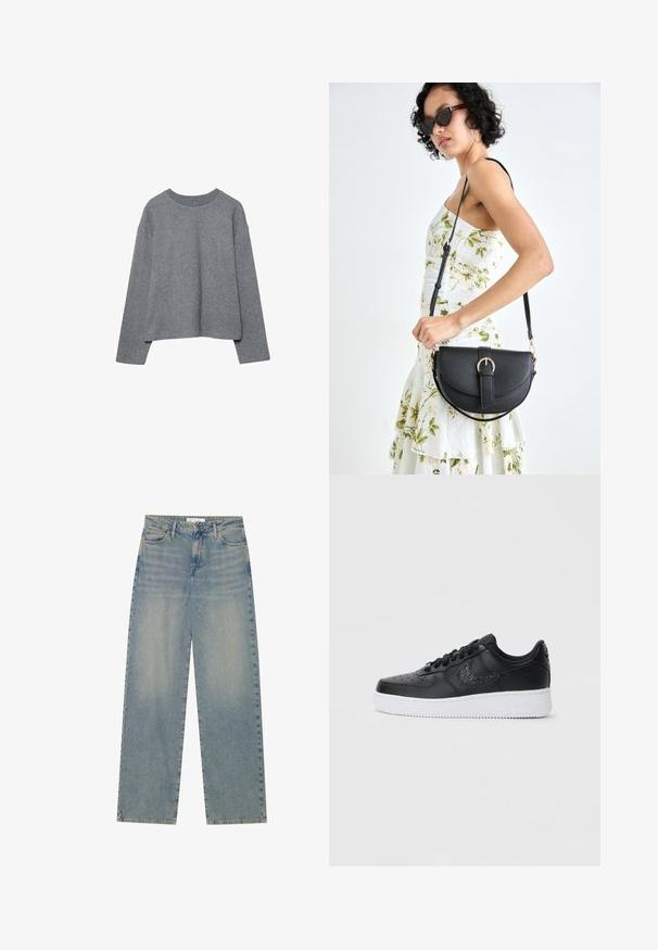 Sivi skraćeni pulover izrađen od mekog pletiva, s rebrastim okruglim izrezom i dugim rukavima, opuštenog kroja i minimalnim detaljima.; Svijetloplave traperice visokog struka ravnog kroja s prednjim džepovima, petljama za remen i vidljivim dugmetom i zatvorom na patentni zatvarač.; Crne kožne tenisice s perforiranim prednjim dijelom, bijelim gumenkastim potplatom i teksturiranim Nike logotipom. Imaju okrugle vezice i podstavljeni ovratnik.; Crna kožna torba s lukovitim oblikom, odvojivim remenom i zlatnim detaljima. Torba ima preklop s kopčom.