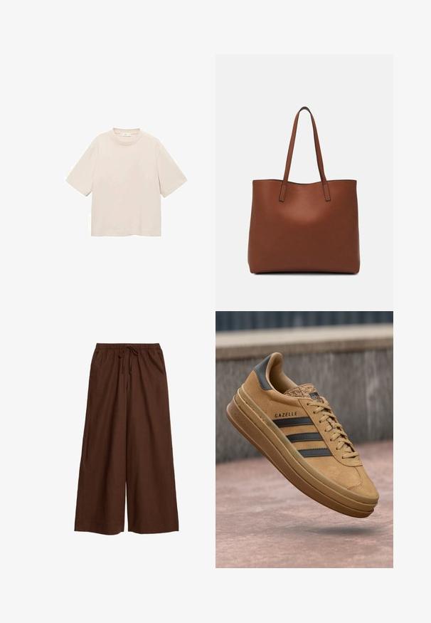 Kurzärmliges T-Shirt mit Rundhalsausschnitt aus leichtem beigen Baumwollstoff. Einfaches Design mit lockerer Passform und ohne sichtbare Muster oder Akzente.; Braune weit geschnittene Hose aus leichtem Stoff, mit einem elastischen Bund und Kordelzug sowie seitlichen Taschen.; Beige Wildledersneaker mit glatter Oberfläche, drei dunklen Streifen, abgerundetem Zehenbereich und einer dickeren Sohle mit strukturiertem Rand.; Braune Leder-Tote mit glatter Textur, offenem Oberteil und zwei Schulterriemen. Verfügt über minimale Nähte und keine sichtbaren Beschläge.