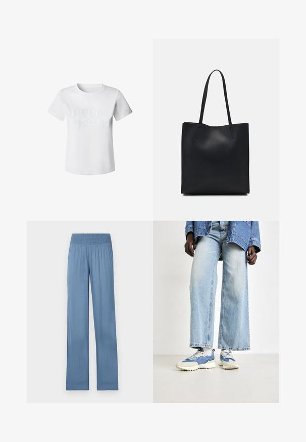 Valkoinen puuvillainen t-paita lyhyillä hihoilla ja pyöreällä kaula-aukolla. Etuosassa on tekstuurinen "pepe jeans" -logo rohkealla fontilla.; Vaaleansiniset leveälahkeiset housut, joissa on kootut vyötärö, valmistettu teksturoidusta kankaasta, suoran leikkauksen ja kokopitkän muotoilun omaavat.; Sinitä puuvillaiset laajakorkeat farkut, jotka on yhdistetty sinivalkoisiin tossuihin, joissa on tekstuuripinta ja nauhat, neutraalin taustan päällä.; Mustapahkainen kangaskassi, jossa on sileä pinta, suorakaiteen muotoinen ja kaksi pitkää kahvaa. Ei näkyvää metalliosaa tai koristeita.