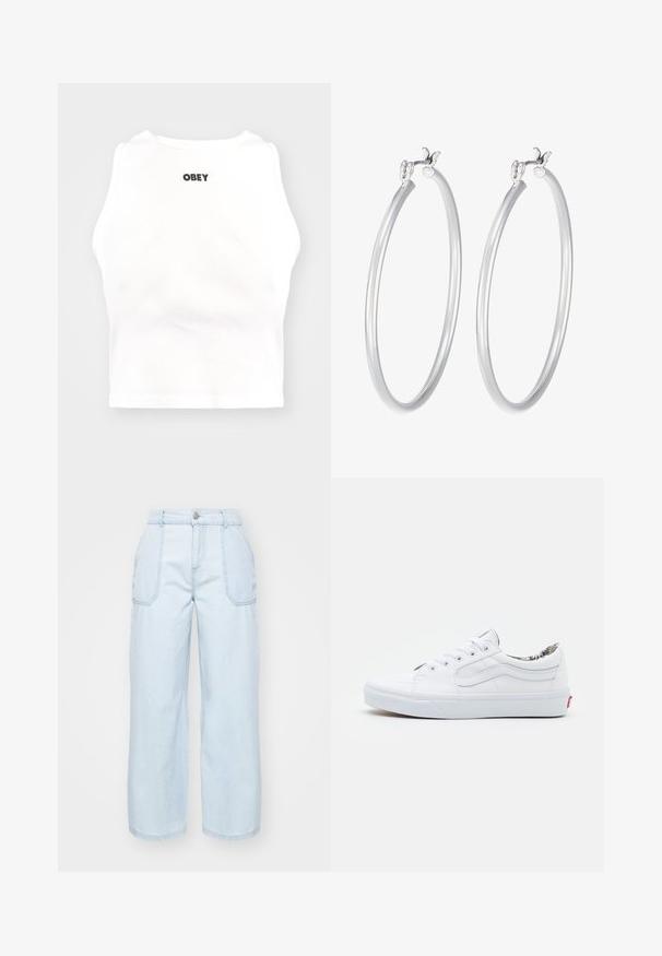 Obey Clothing - Top; Jasnoniebieskie dżinsy typu wide-leg wykonane z denimu, z zapięciem na guzik z przodu, dwiema bocznymi kieszeniami i widocznymi detalami szycia.; Białe trzewiki z płaskim designem, okrągłym noskiem, sznurowanym zapięciem, wyprofilowanym kołnierzem i wzorzystą podszewką wewnętrzną. Czerwona metka z logo na pięcie.; Srebrne kolczyki w kształcie kół o gładkim, błyszczącym wykończeniu, z minimalistycznym wzorem i bezpiecznym zapięciem na górze.