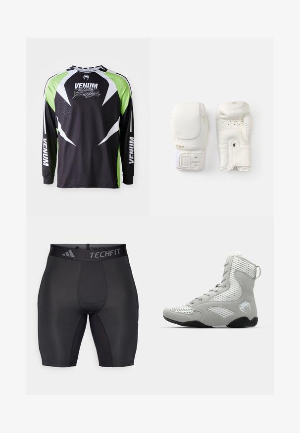 T-shirt de sport à manches longues noir, blanc et vert fluo avec le logo "Venum" et un motif de serpent, ainsi qu'une ventilation perforée sur la zone du torse avant.; Shorts de sport noirs en tissu lisse et extensible. Dotés d'une taille large avec logo et de coutures plates pour le confort et la durabilité.; Baskets hautes grises avec panneaux en maille, suède texturé, bout arrondi et semelle en caoutchouc ; arbore un logo blanc sur le côté.; Gants de boxe blancs en cuir synthétique texturé, avec des accents dorés, une bande Velcro et des trous de ventilation sur la paume.